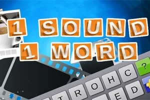 青い背景に「1 SOUND 1 WORD」と書かれたオレンジ色の文字、フィルム、キーボードが配置されたデザインの画像。