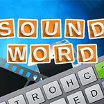 青い背景に「1 SOUND 1 WORD」と書かれたオレンジ色の文字、フィルム、キーボードが配置されたデザインの画像。