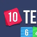 青い背景に赤い四角の中に「10」と数字があり、隣に「TEN」という文字とともに、数字「6」、「4」、「2」と書かれた色とりどりのカードが並んでいる。