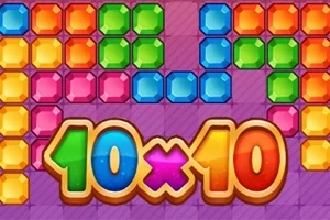 カラフルなブロックが並び、中央に「10x10」と書かれた数字が配置されたデザイン。