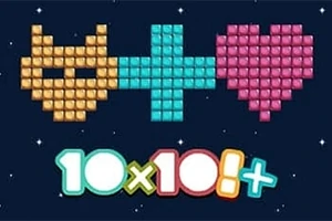 ブロックで形成された猫、プラス記号、ハートの絵と「10x10+」の文字。
