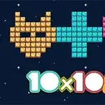 ブロックで形成された猫、プラス記号、ハートの絵と「10x10+」の文字。