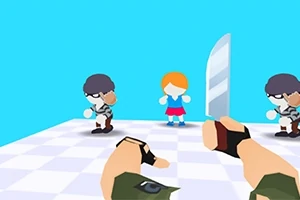 青い背景のチェック柄の床の上に、手に刃物を持った腕と三人のキャラクター。