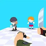 青い背景のチェック柄の床の上に、手に刃物を持った腕と三人のキャラクター。