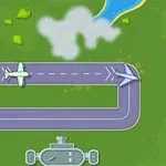 飛行機が滑走路上で並んでいる航空機視点の上空画像。