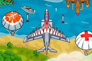 戦闘機が空を飛び、パラシュート付きの補給物資が海と砂浜の上に広がっている。