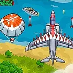 戦闘機が空を飛び、パラシュート付きの補給物資が海と砂浜の上に広がっている。