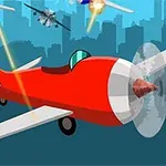 赤い飛行機が都市のシルエットを背景に他の飛行機と戦闘しているシーン。