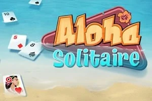 海辺の背景に「Aloha Solitaire」の文字とトランプが散らばっている画像。