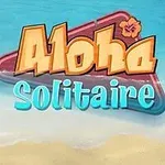 海辺の背景に「Aloha Solitaire」の文字とトランプが散らばっている画像。