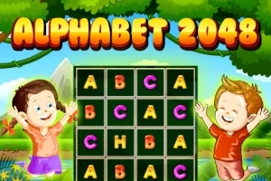 2人の子供が笑顔で囲むアルファベットが並んだ緑のグリッド。