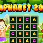 2人の子供が笑顔で囲むアルファベットが並んだ緑のグリッド。