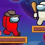 赤いキャラクターと白いキャラクターがプラットフォーム上で向かい合い、白いキャラクターはバットを持っている。
