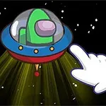 宇宙に浮かぶ2つのUFOと白い手のイラスト。