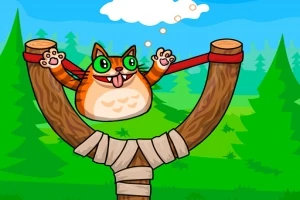 赤いゴムのパチンコに乗って舌を出す猫が描かれたカートゥーン風のイラスト。