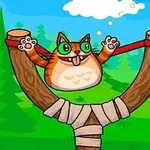 赤いゴムのパチンコに乗って舌を出す猫が描かれたカートゥーン風のイラスト。