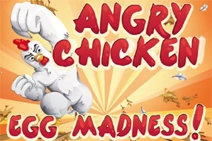 白い筋肉質の鶏が拳を振り上げた姿と「ANGRY CHICKEN」、「EGG MADNESS!