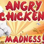 白い筋肉質の鶏が拳を振り上げた姿と「ANGRY CHICKEN」、「EGG MADNESS!