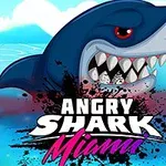 海面から顔を出している迫力のあるサメと、「ANGRY SHARK Miami」という文字が描かれているイラスト。