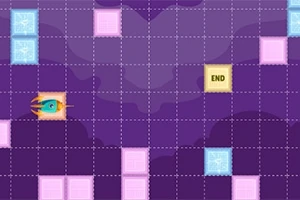 紫色の背景に、マス目状に配置されたブロックとロケットがあり、「END」と書かれたマスがある。