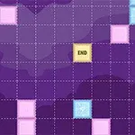 紫色の背景に、マス目状に配置されたブロックとロケットがあり、「END」と書かれたマスがある。