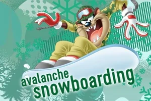 キャラクターがスノーボードを楽しんでいる様子と「avalanche snowboarding」というテキストが描かれたイラスト。