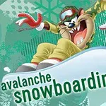 キャラクターがスノーボードを楽しんでいる様子と「avalanche snowboarding」というテキストが描かれたイラスト。