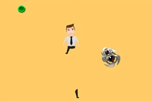 白いシャツと黒いネクタイを着たキャラクターが砂色の背景の上を歩いており、その近くに緑色の物体とメカニカルな生物がいる。