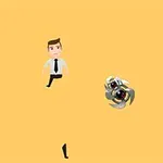 白いシャツと黒いネクタイを着たキャラクターが砂色の背景の上を歩いており、その近くに緑色の物体とメカニカルな生物がいる。