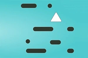青い背景に浮かぶ白い三角形と黒い棒や円の図形。