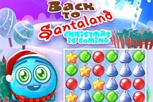 青いキャラクターがサンタ帽をかぶり、カラフルなクリスマスツリーや飾りが並ぶパズルボードが描かれている。