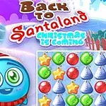青いキャラクターがサンタ帽をかぶり、カラフルなクリスマスツリーや飾りが並ぶパズルボードが描かれている。