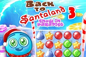 青いキャラクターとカラフルなクリスマスオーナメントが並ぶパズルゲーム画面。