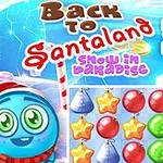 青いキャラクターとカラフルなクリスマスオーナメントが並ぶパズルゲーム画面。
