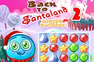 ピンクと白の背景に、サンタの帽子をかぶった青いキャラクターと星やオーナメントが並べられたパズルの要素。