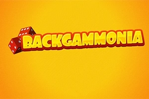 黄色の背景に赤いサイコロと「BACKGAMMONIA」の文字。