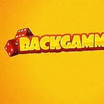 黄色の背景に赤いサイコロと「BACKGAMMONIA」の文字。
