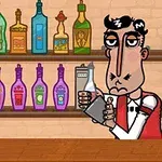 カラフルなボトルが並ぶ棚と、シェイカーを持つバーテンダーが描かれたイラスト。