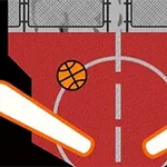 赤いバスケットボールコート上で縦に配置された二つのオレンジ色のフリッパーとバスケットボール。