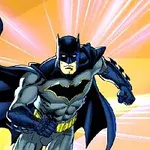 バットマンが飛び出すように迫力あるポーズで描かれているイラスト。