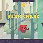 赤いクマがジャンプしている森林のイラスト。