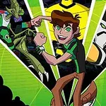 少年が緑色の衣装でポーズをとり、背景に異星人やロボットが描かれているアニメーションキャラクターの画像。