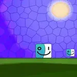 紫色の背景に大きな太陽が輝き、緑の地面の上に二つの笑顔のブロックキャラクターが並んでいる。
