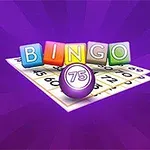 紫の背景にビンゴカードと色とりどりの「BINGO」の文字ブロック、中央に「75」と書かれた紫のボール。