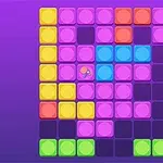 紫色の背景に配置されたカラフルなブロックのパターン。