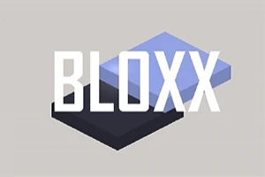 青と黒の長方形ブロックの上に、白い「BLOXX」の文字が配置された抽象的なデザイン。