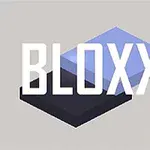 青と黒の長方形ブロックの上に、白い「BLOXX」の文字が配置された抽象的なデザイン。