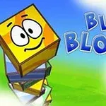 笑顔の黄色いブロックキャラクターが積み重なった塔と「Blue Blox 2」というタイトルが緑の背景に見えるイラスト。