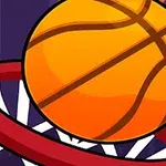 バスケットボールが赤いフープの中に入る瞬間を捉えたイラスト。