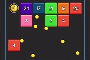 色とりどりの数字が付いたブロックと黄色のボールが黒い背景に表示されている。